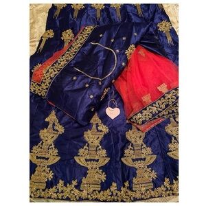 Lehenga - unstitched - Indigo/pink/gold